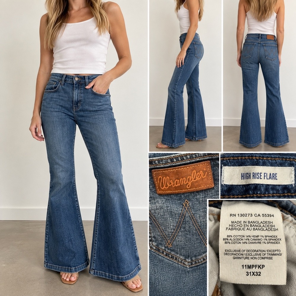 Wrangler Womens High Rise Flare Jeans Blue Hemp Blend 31x32